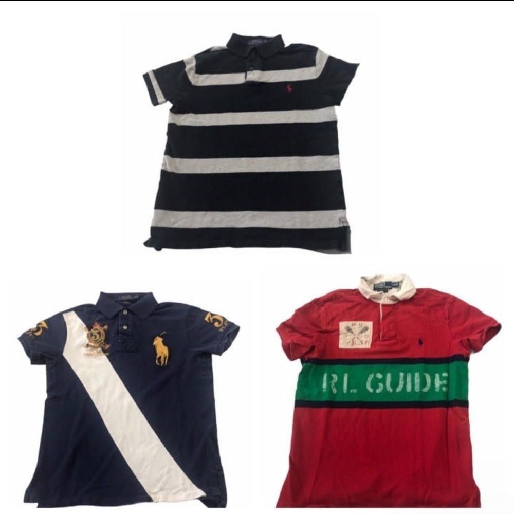 Lot of 3 Ralph Lauren Red Navy Striped Rugby Polo Shirt Men's Size Small